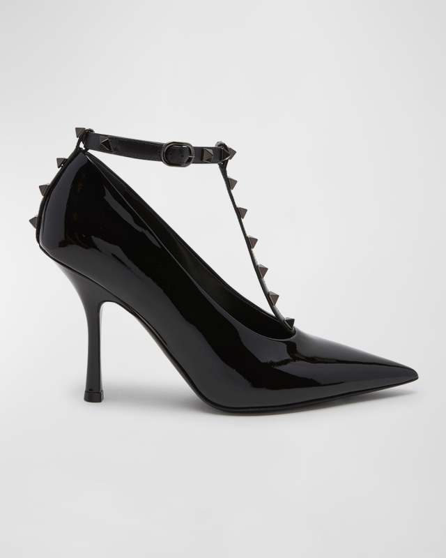 Rockstud Patent T-Strap Pumps